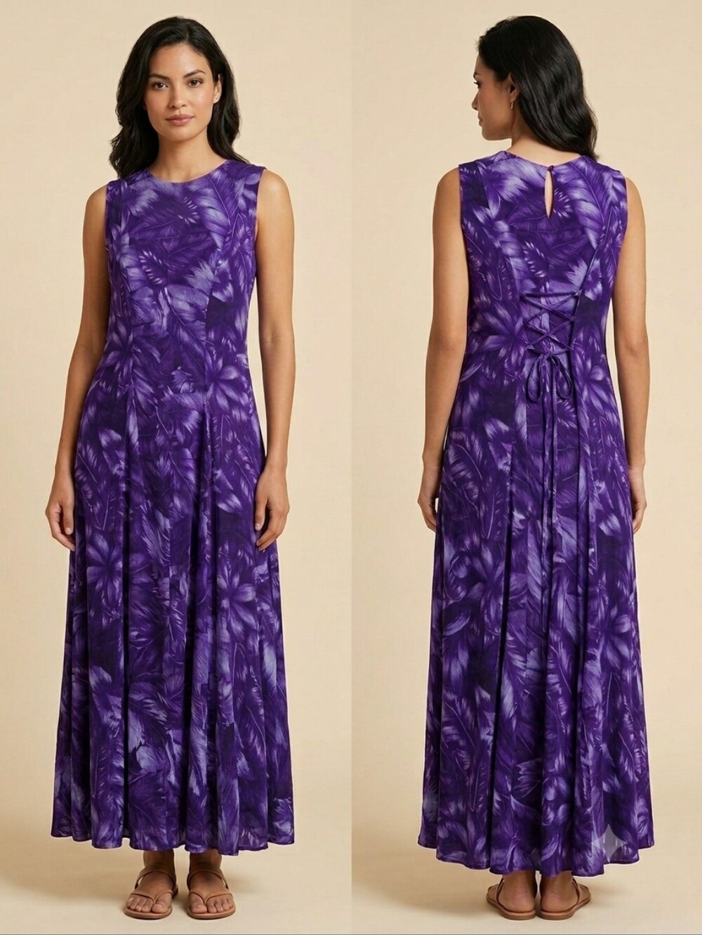 Emblem Vintage 90s Purple Tropical Leaf Print Rayon Lace Up Back Maxi Dress L